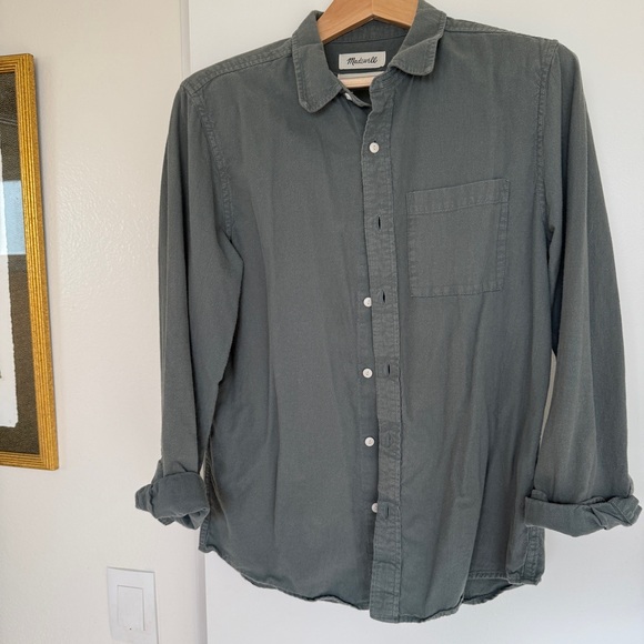 Madewell Crinkle Cotton Perfect Long-Sleeve Shirt architect steel green slim fit - Picture 2 of 12
